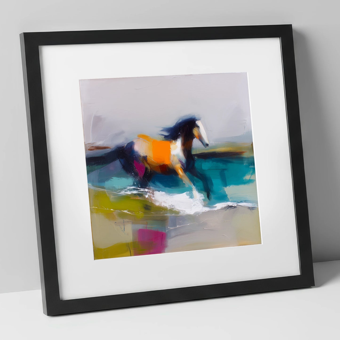 Vibrant Coastal Canter beach horse art print in black frame