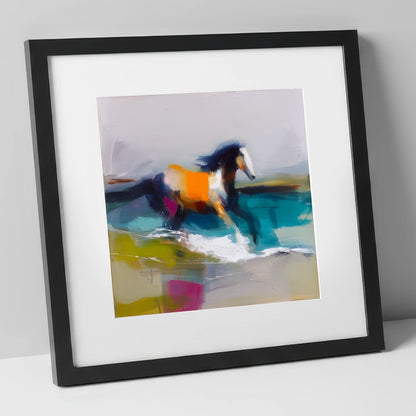 Vibrant Coastal Canter beach horse art print in black frame
