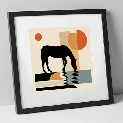 Abstract Oasis Silhouette horse landscape art print in black frame