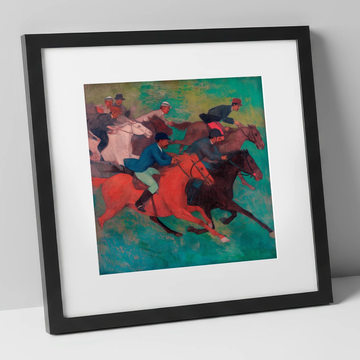 The Crimson Stride racing horse art print in black frame