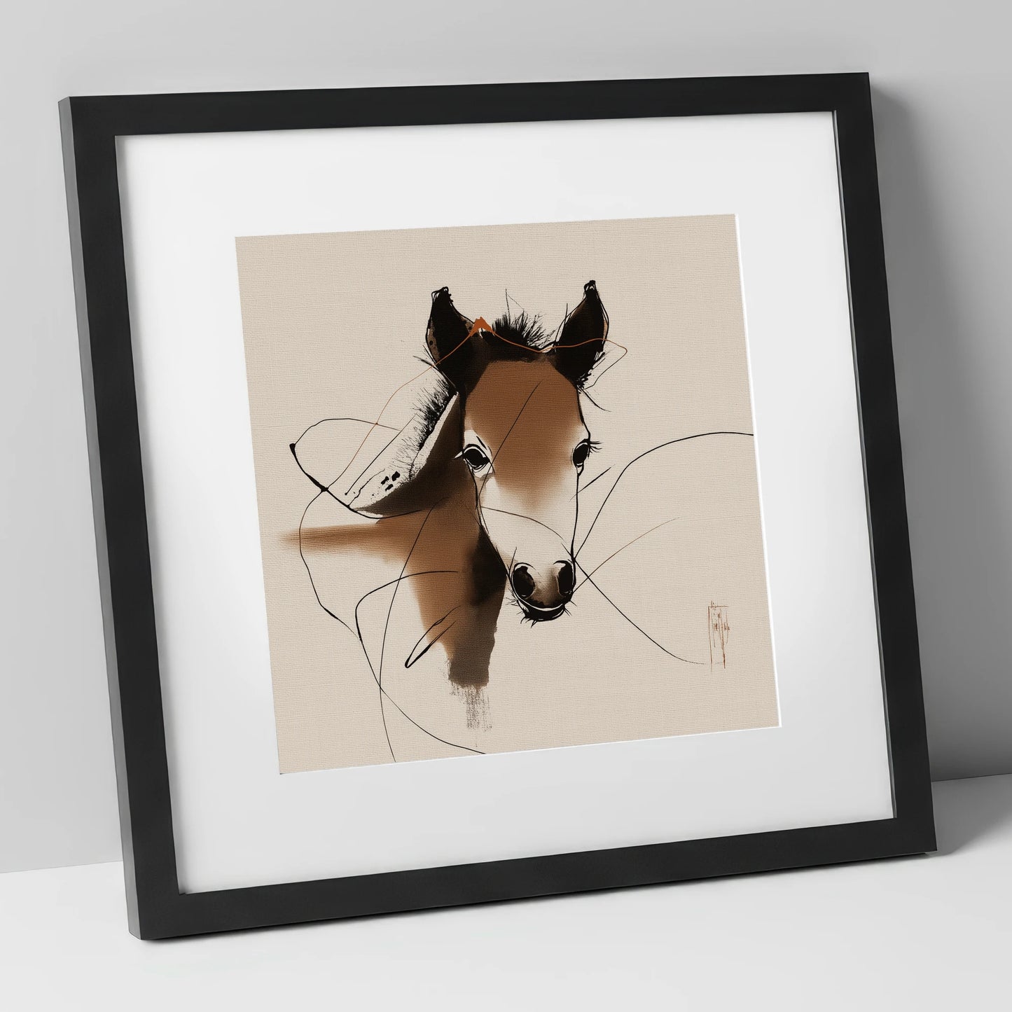 Curious Sepia Foal horse portrait art print in black frame