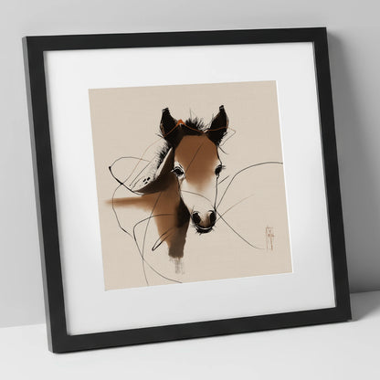 Curious Sepia Foal horse portrait art print in black frame