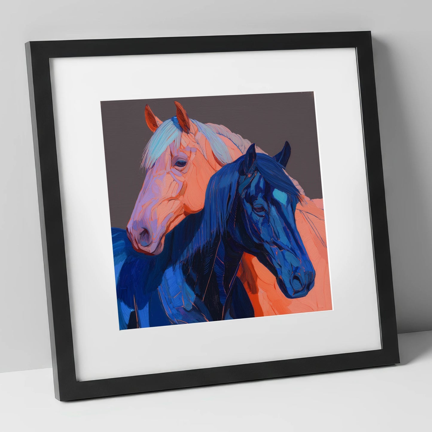 Indigo And Peach Companions horse landscape art print in black frame