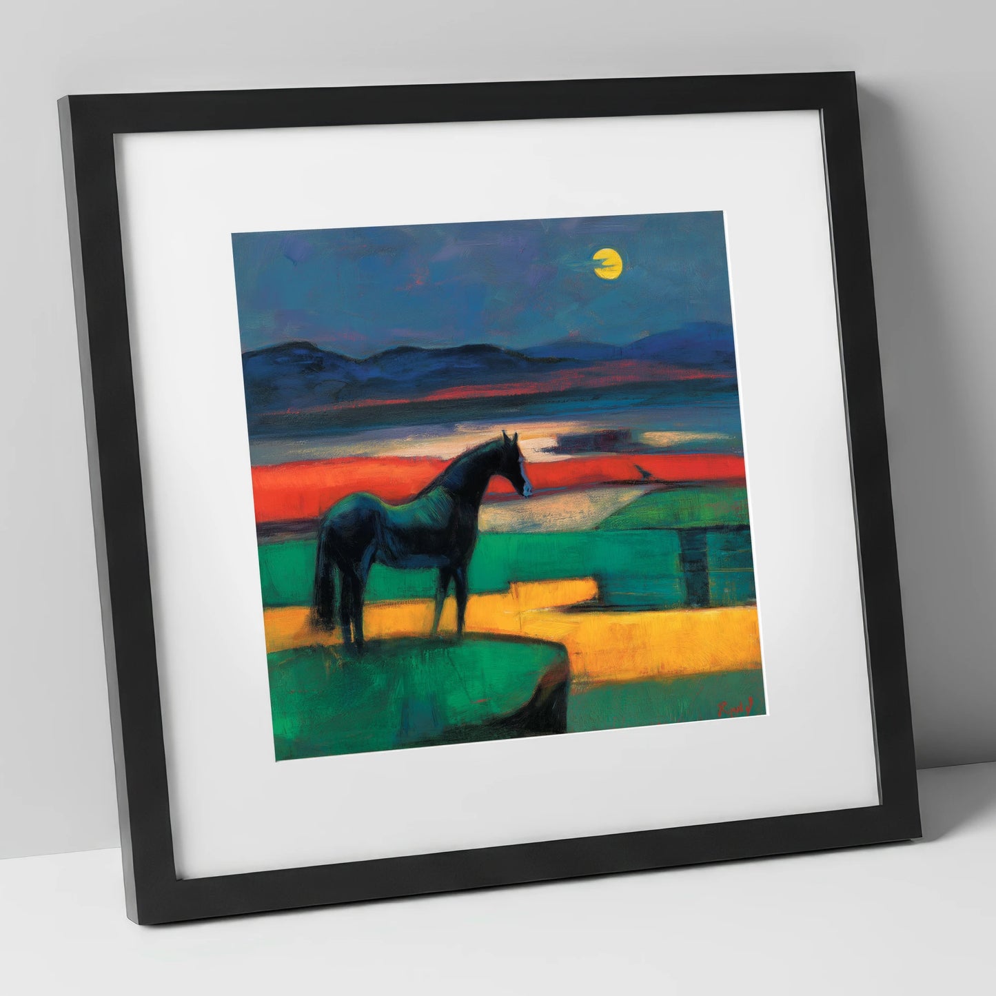 Midnight Solitude horse landscape art print in black frame