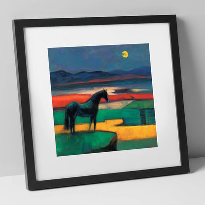 Midnight Solitude horse landscape art print in black frame