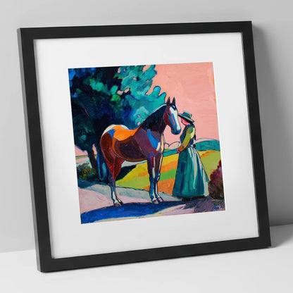 Painted Bond horse & rider art print in black frame