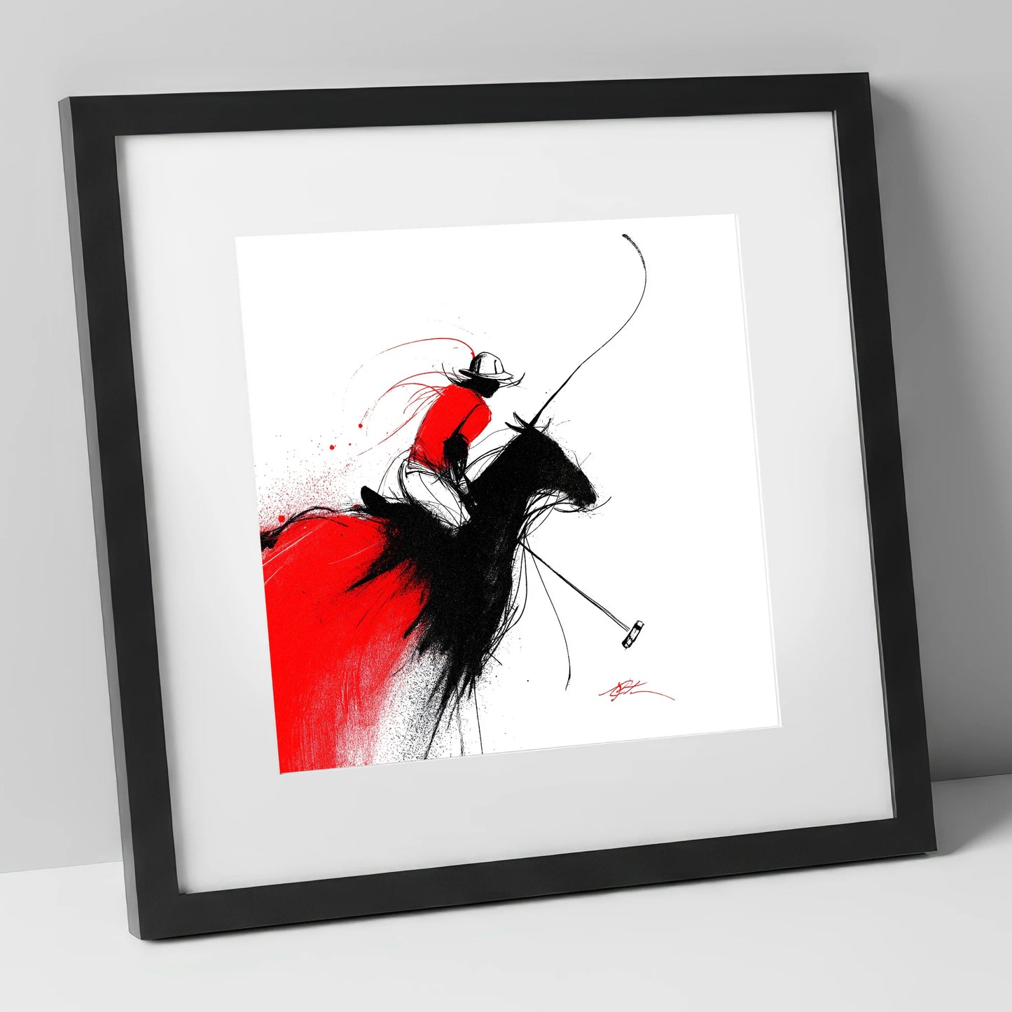 Crimson Polo Strike polo horse art print in black frame