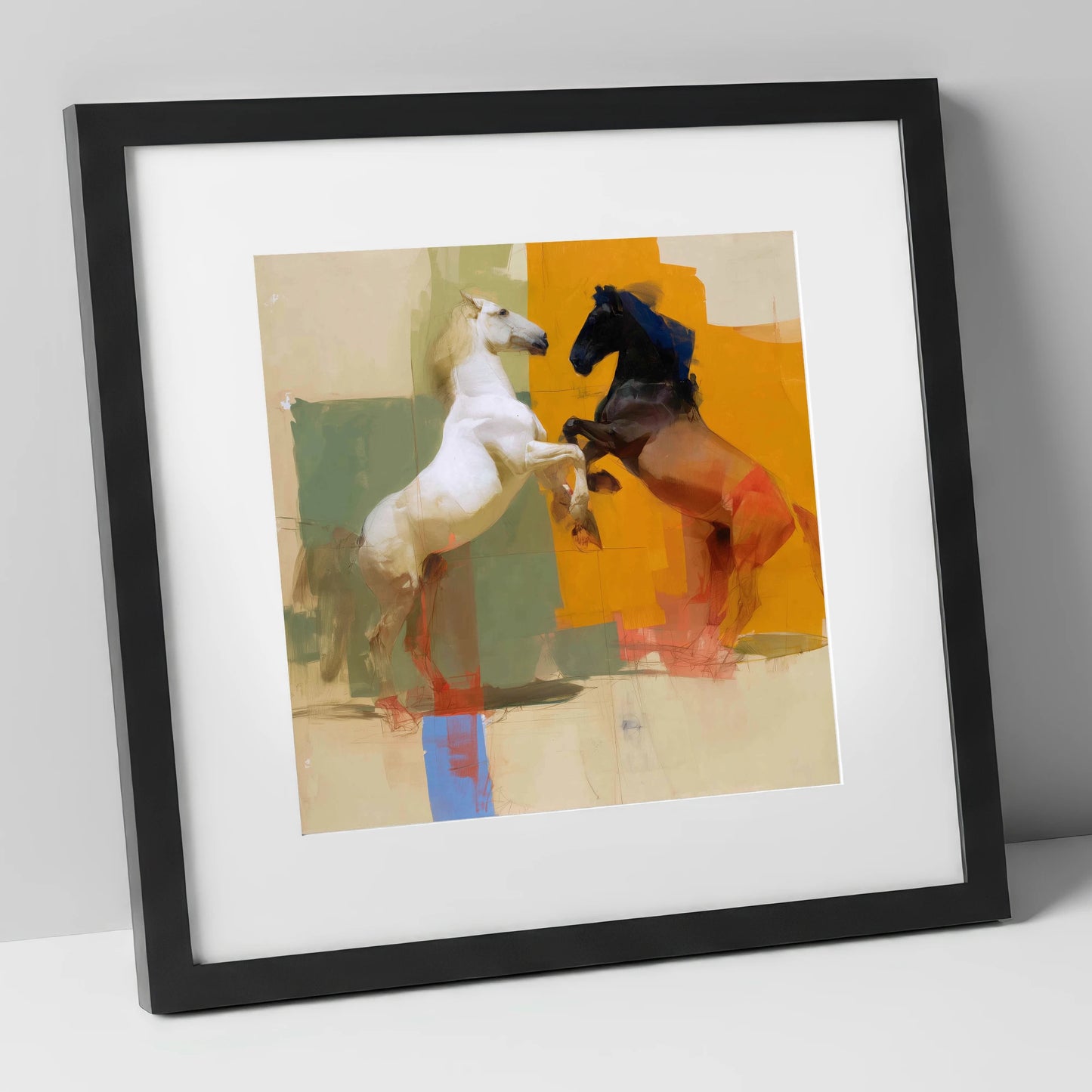 The Bold Encounter wild horses art print in black frame