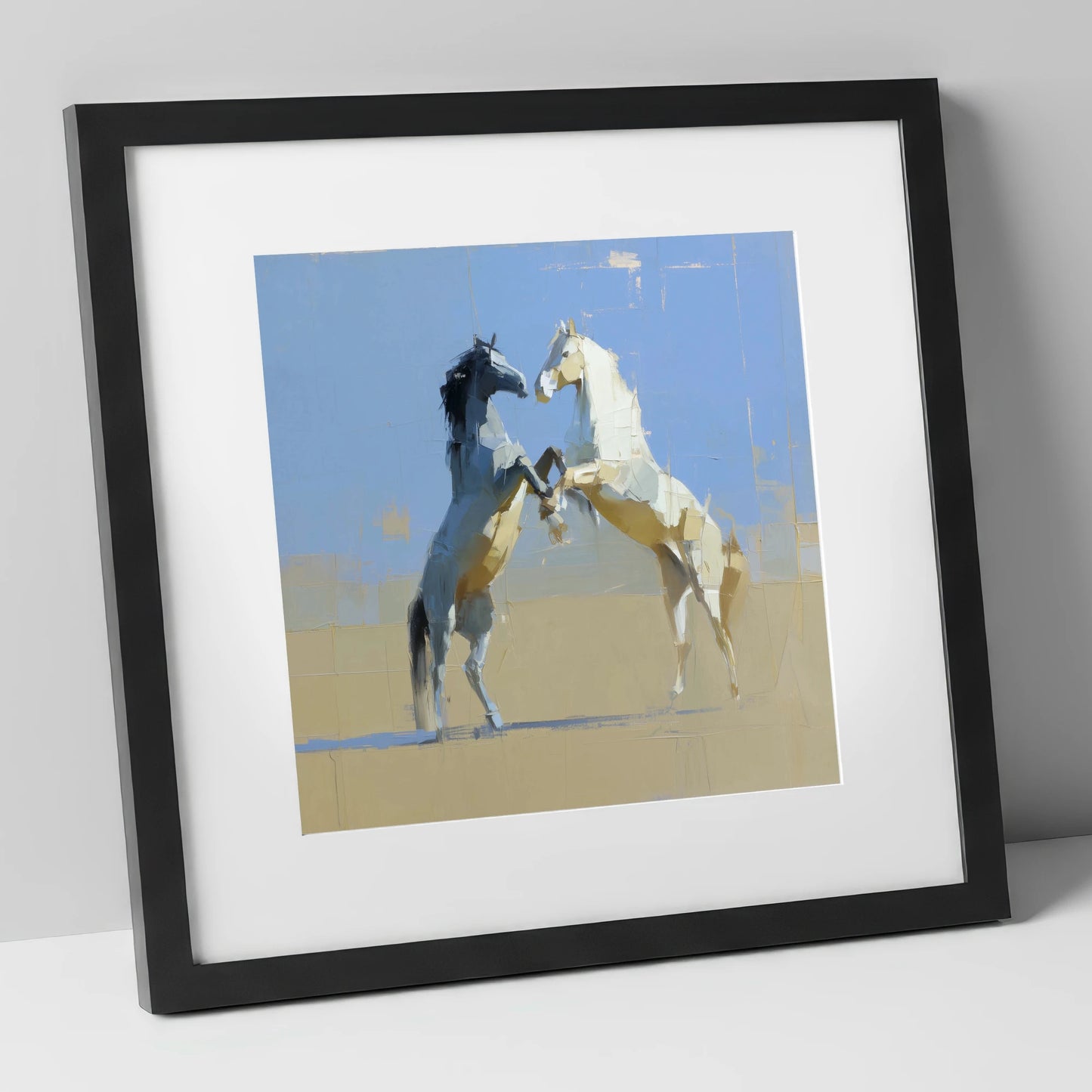 Sunlit Sparring wild horses art print in black frame