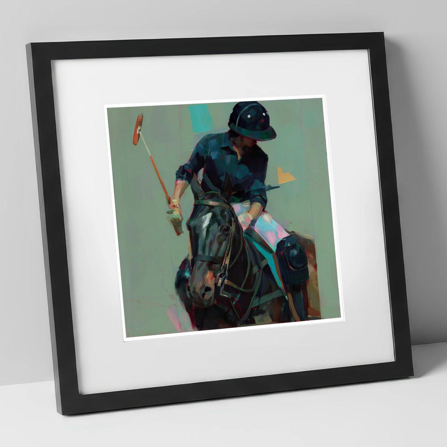 The Decisive Strike polo horse art print in black frame