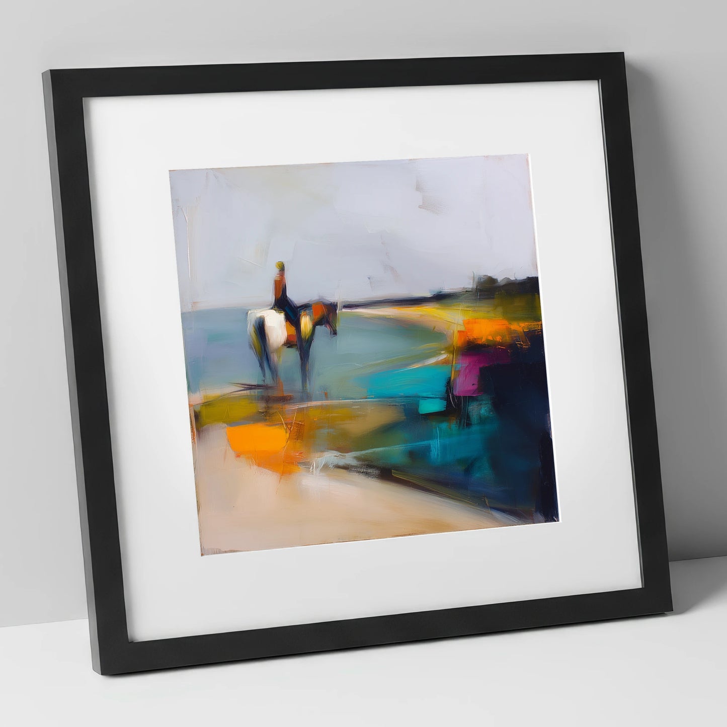 Vivid Shoreline beach horse art print in black frame