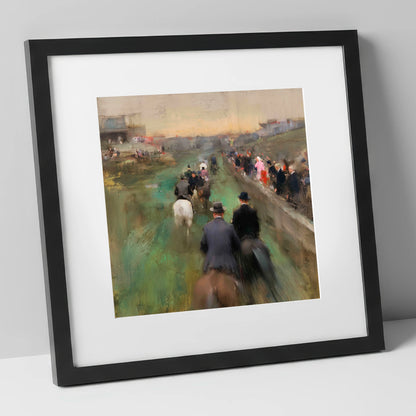 The Paddock Procession racing horse art print in black frame