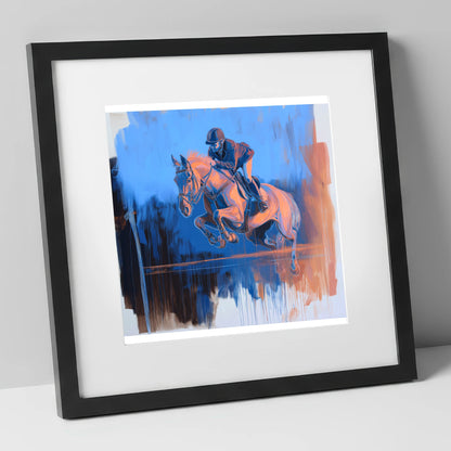 Suspended Over Cobalt show jumping horse art print in black frame