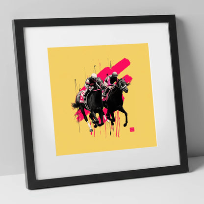 High Stakes Sprint racing horse art print in black frame