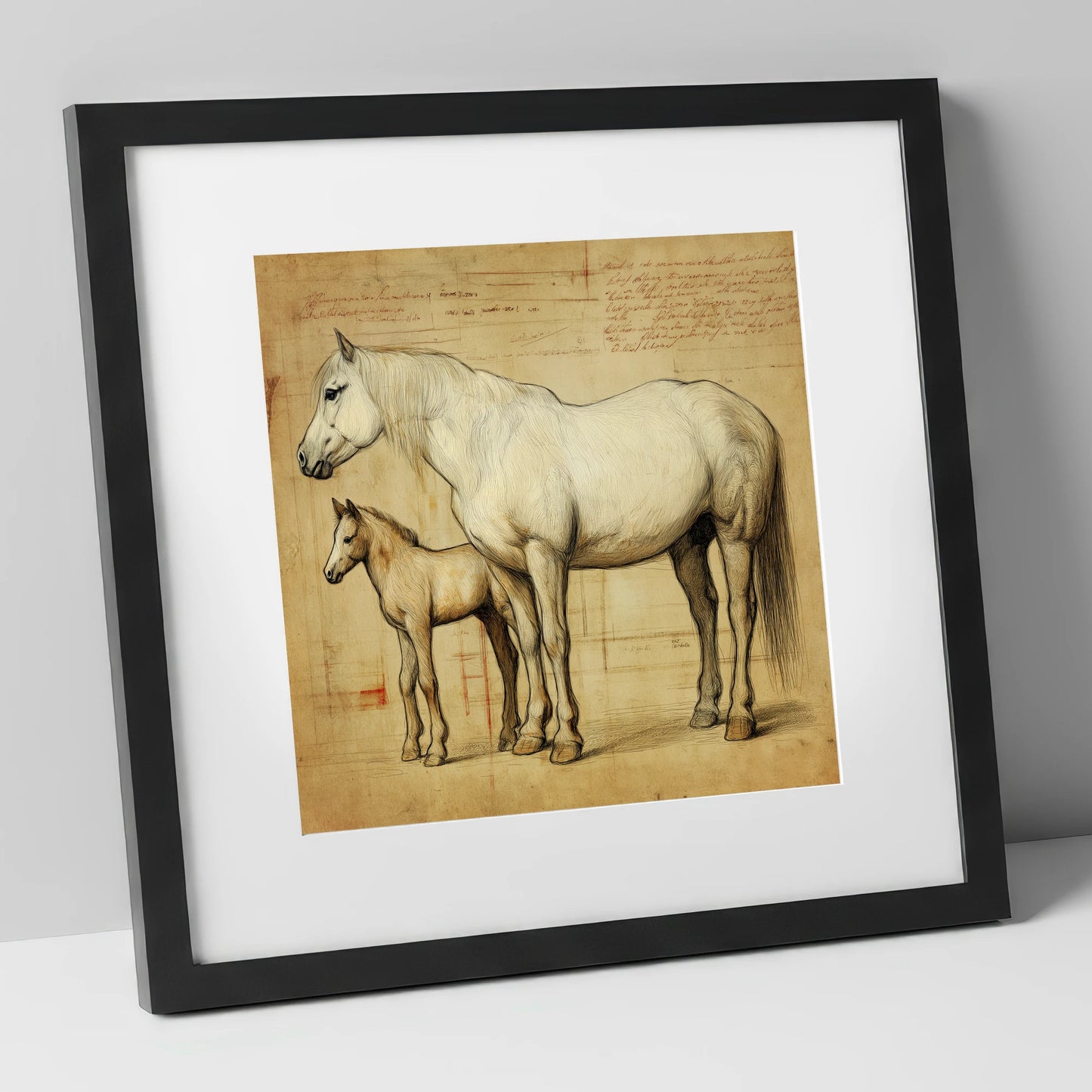 Heritage Mare and Foal Sketch mare & foal art print in black frame