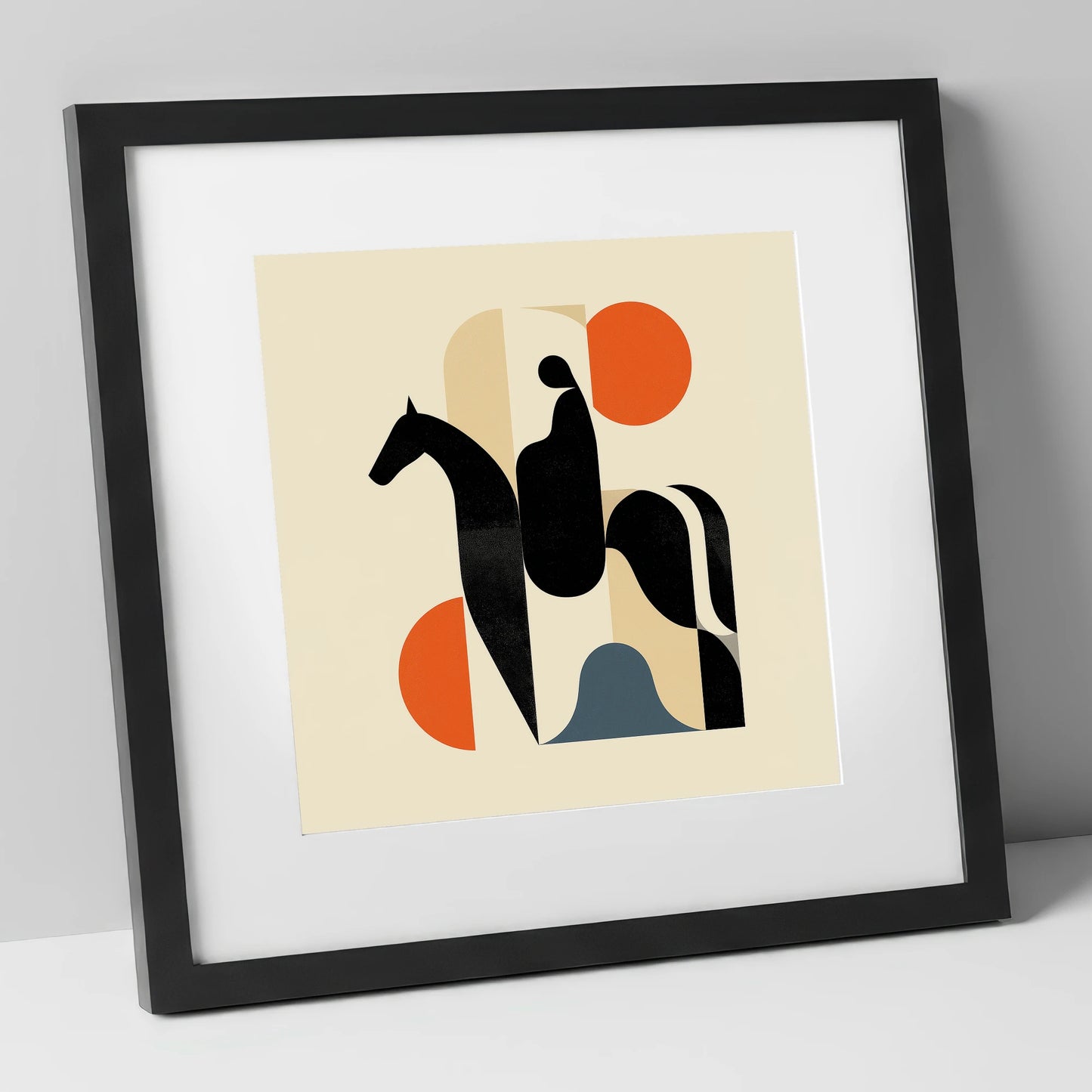 Mid-Century Silhouette horse & rider art print in black frame