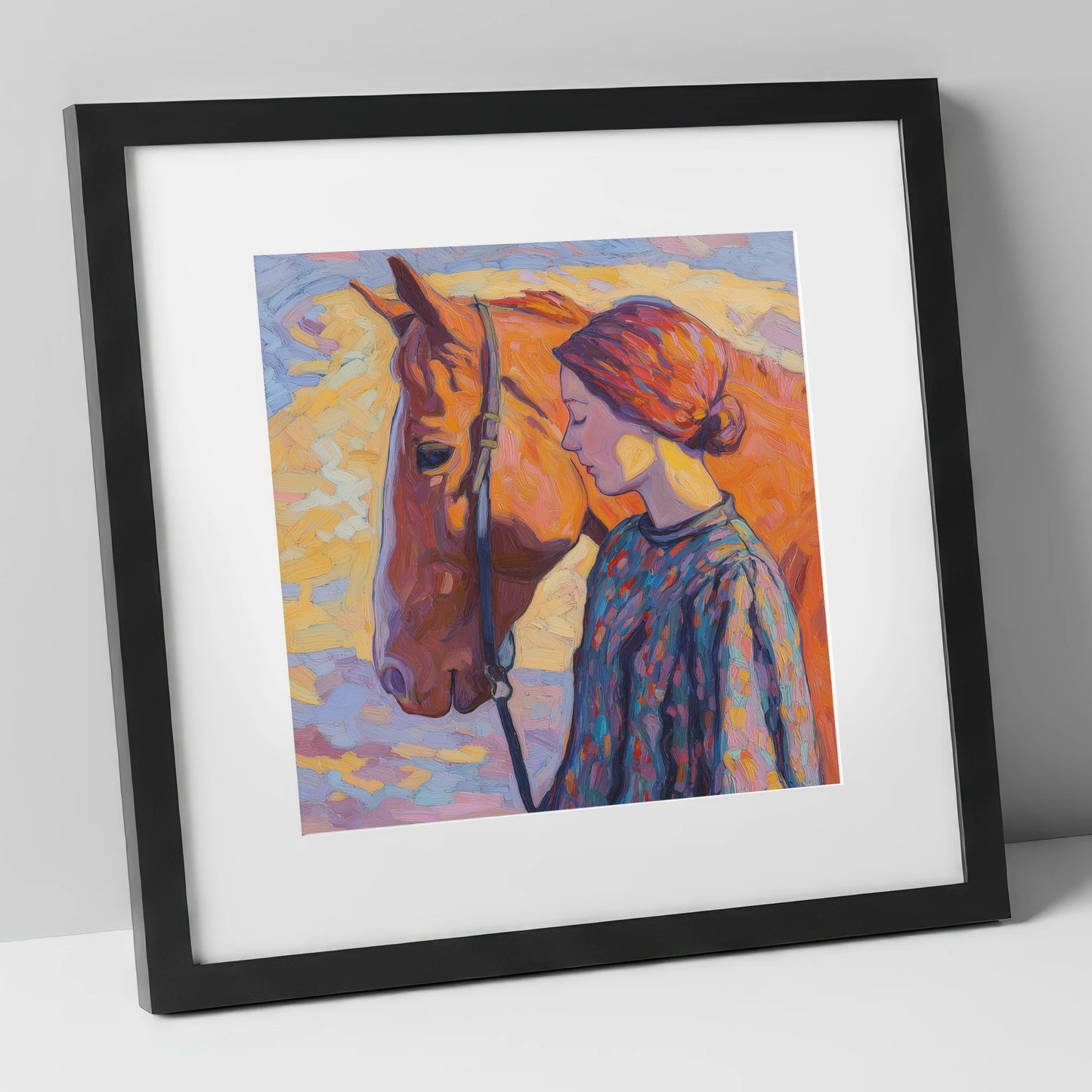Radiant Connection horse & rider art print in black frame