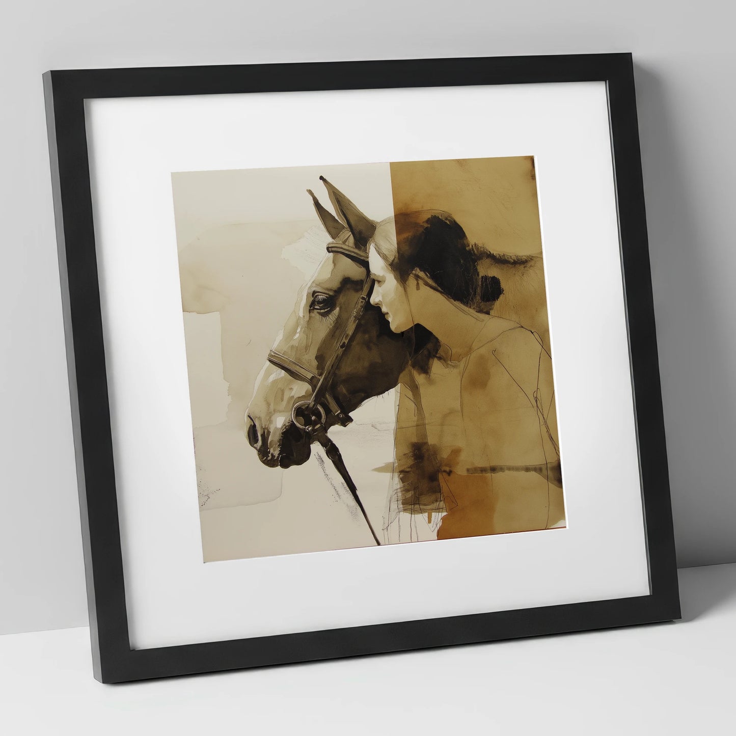 Quiet Connection horse & rider art print in black frame
