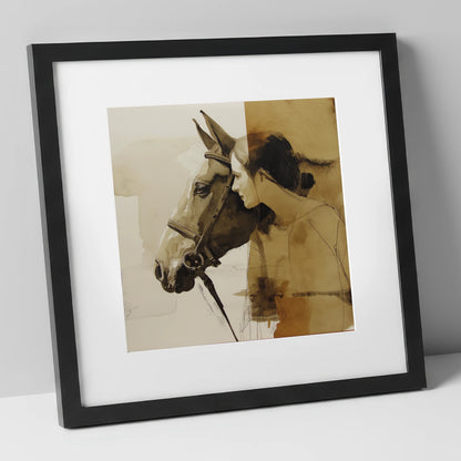 Quiet Connection horse & rider art print in black frame