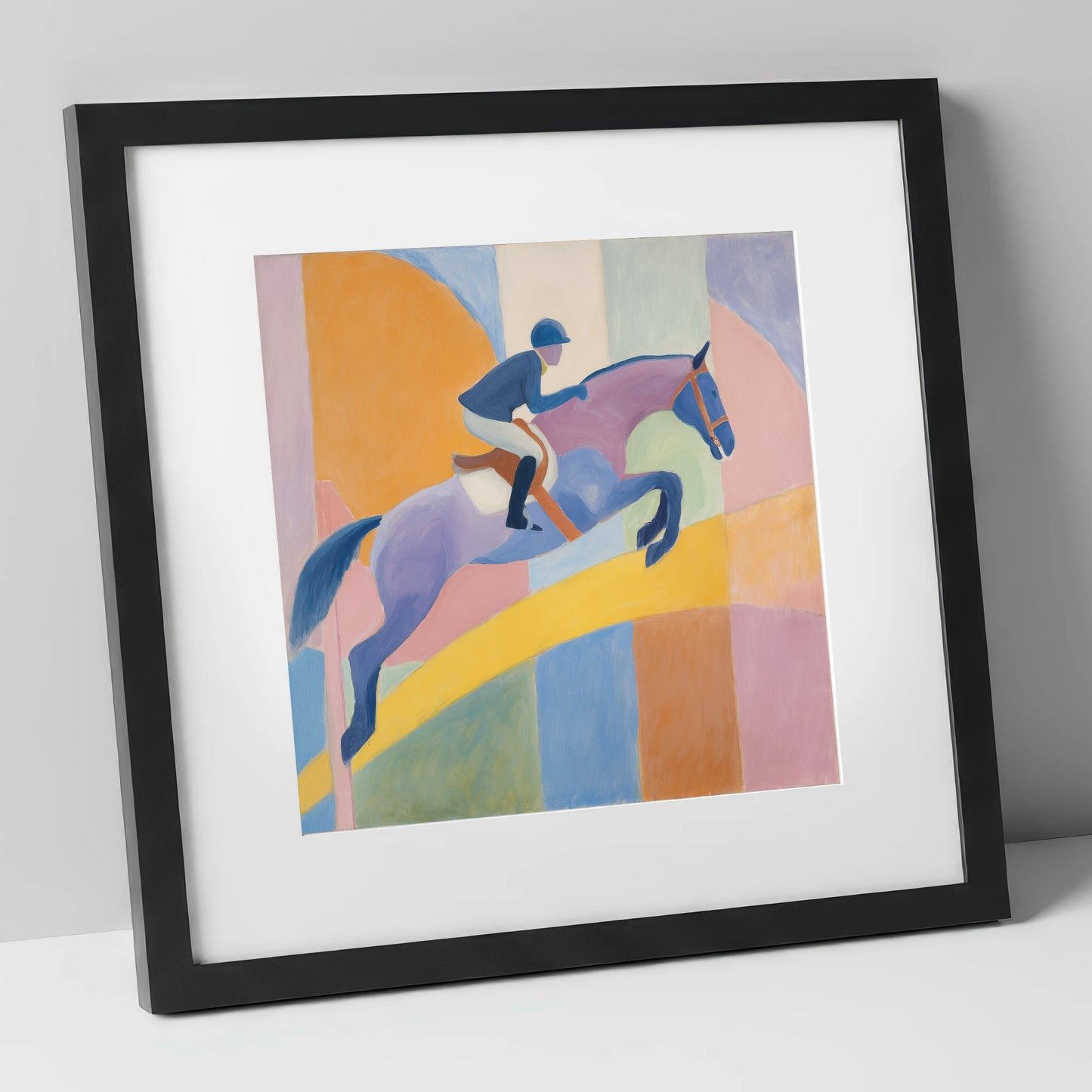 Harmony in Flight show jumping horse art print in black frame