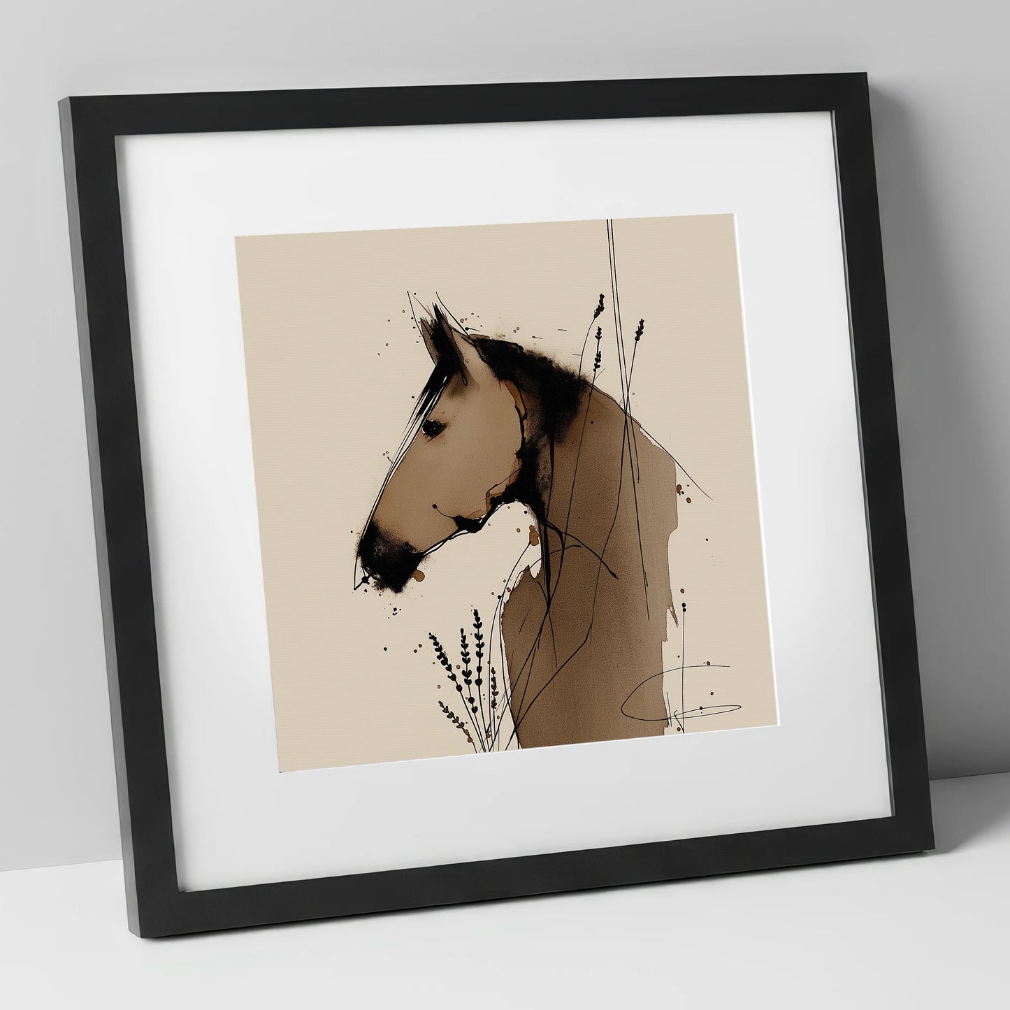 Earthy Equine Silhouette horse portrait art print in black frame