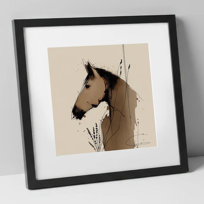 Earthy Equine Silhouette horse portrait art print in black frame