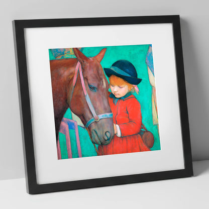 The Gentle Introduction horse & rider art print in black frame