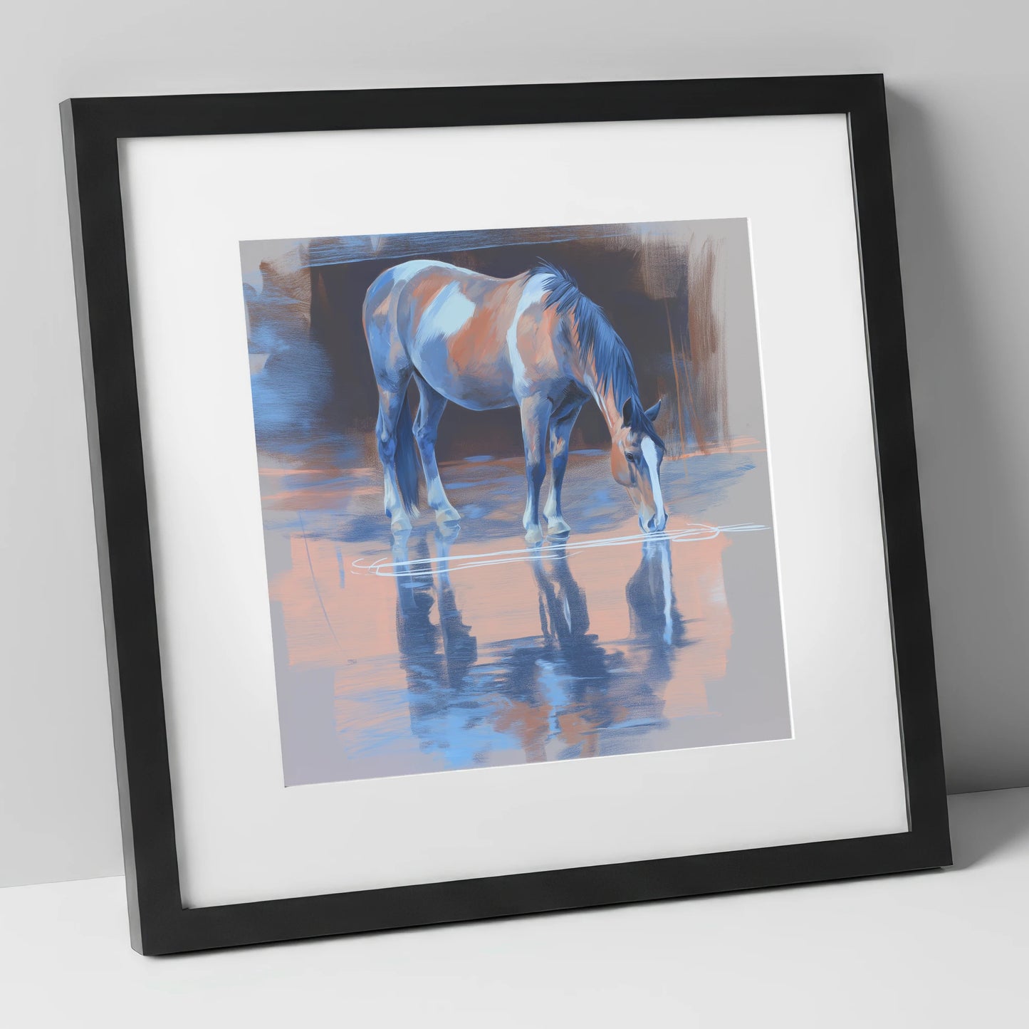 Tranquil Reflection horse portrait art print in black frame