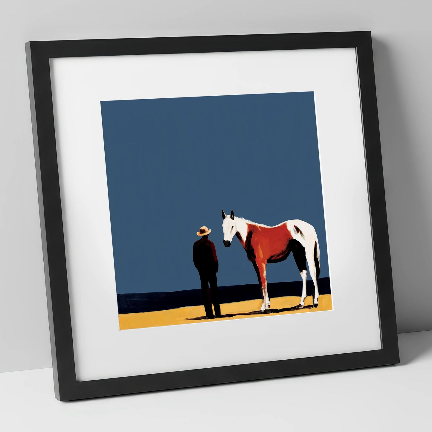 The Quiet Horizon horse & rider art print in black frame
