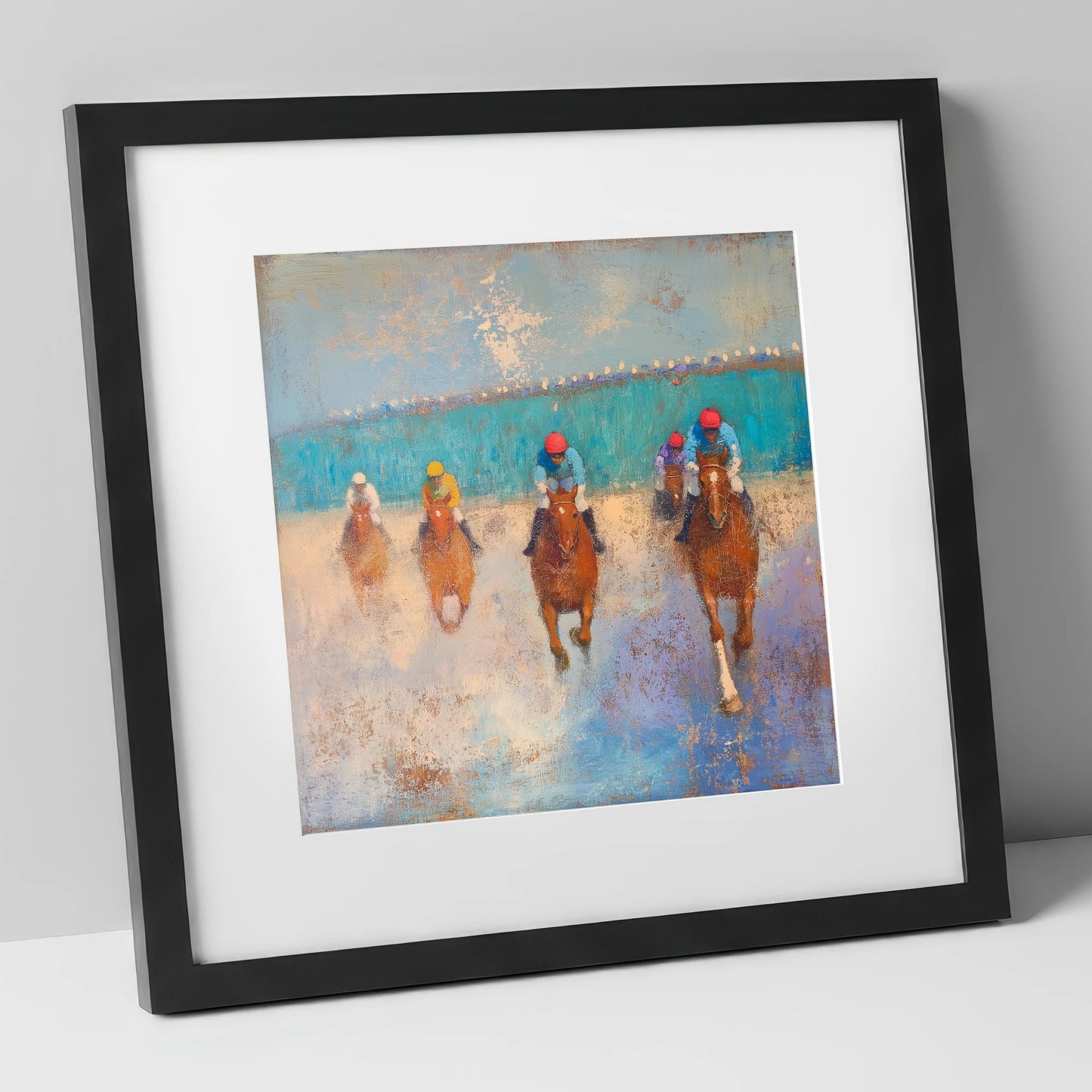 Towards the Wire racing horse art print in black frame