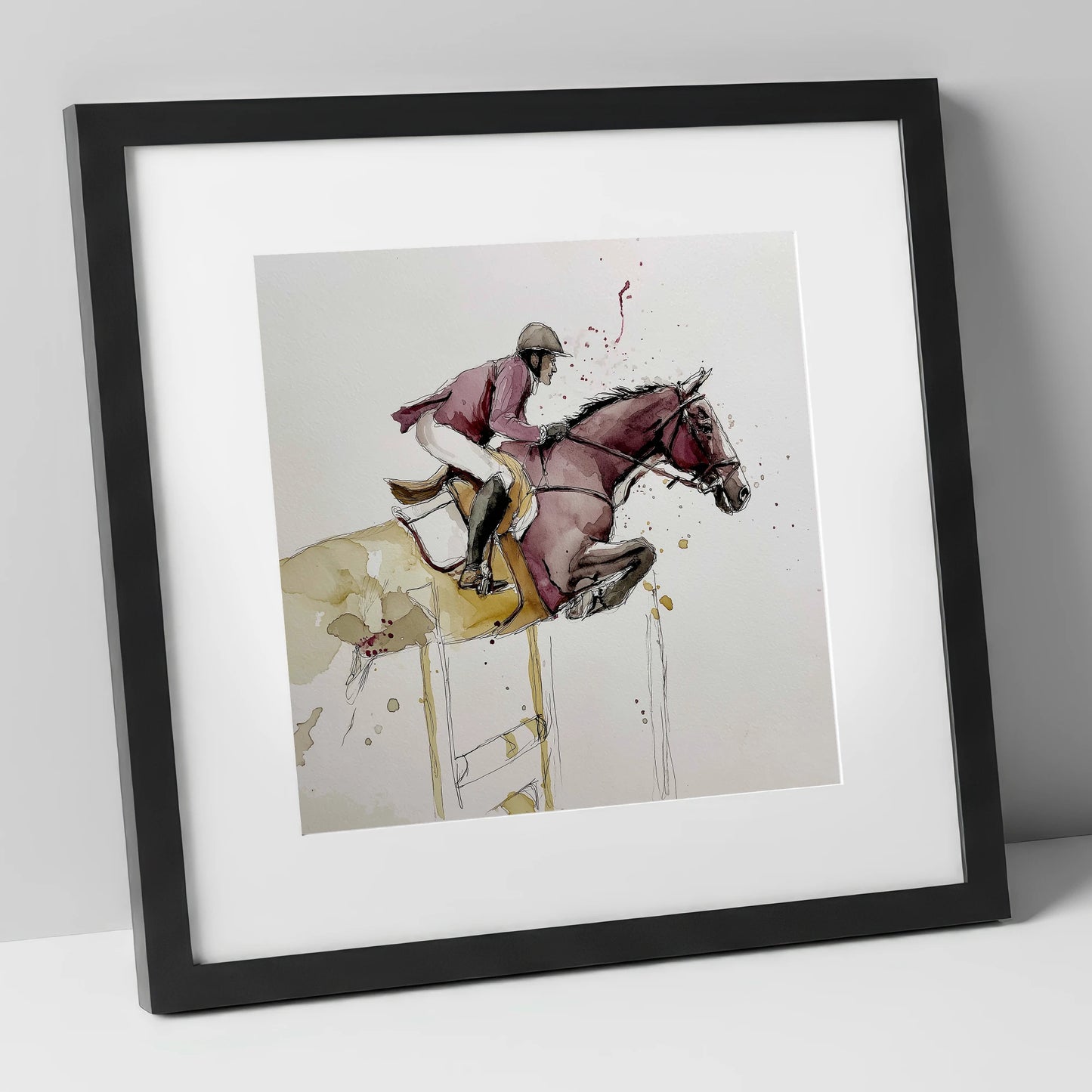 Burgundy Flight show jumping horse art print in black frame