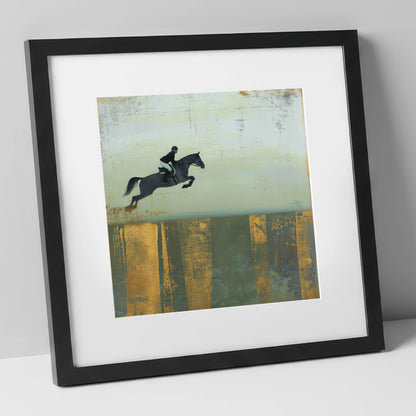 Gilded Flight show jumping horse art print in black frame