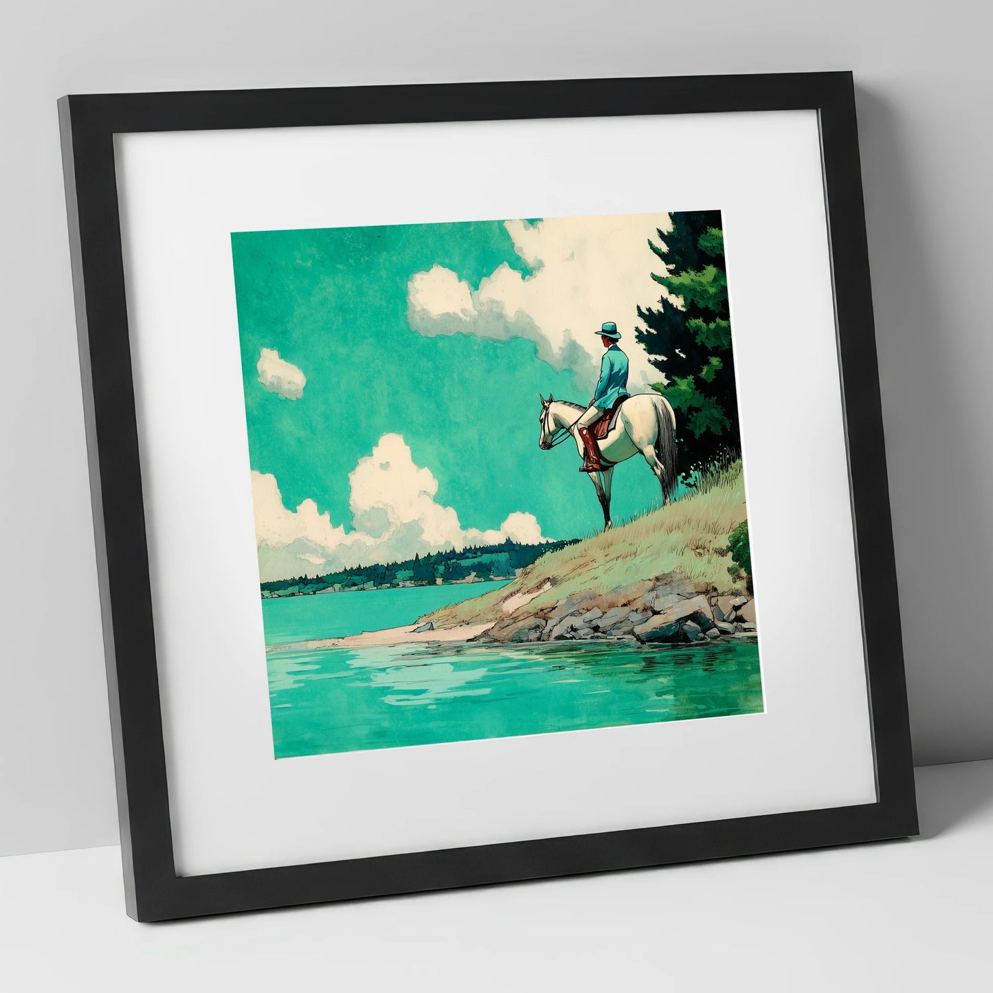 Teal Waters Vantage beach horse art print in black frame