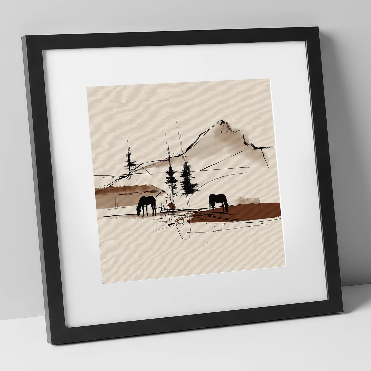 Mountain Pasture Silhouettes horse landscape art print in black frame