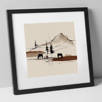 Mountain Pasture Silhouettes horse landscape art print in black frame