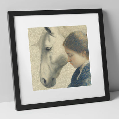 Gentle Reflections horse & rider art print in black frame