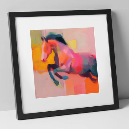 Fiery Leap show jumping horse art print in black frame