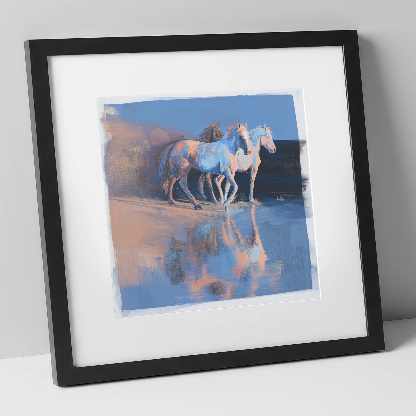 Wild Reflections at Dawn wild horses art print in black frame