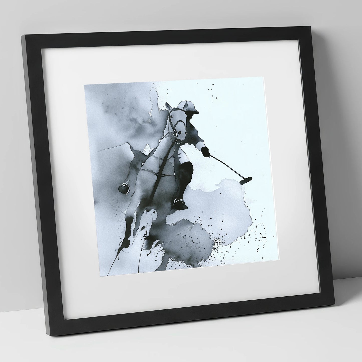 The Striker's Charge polo horse art print in black frame