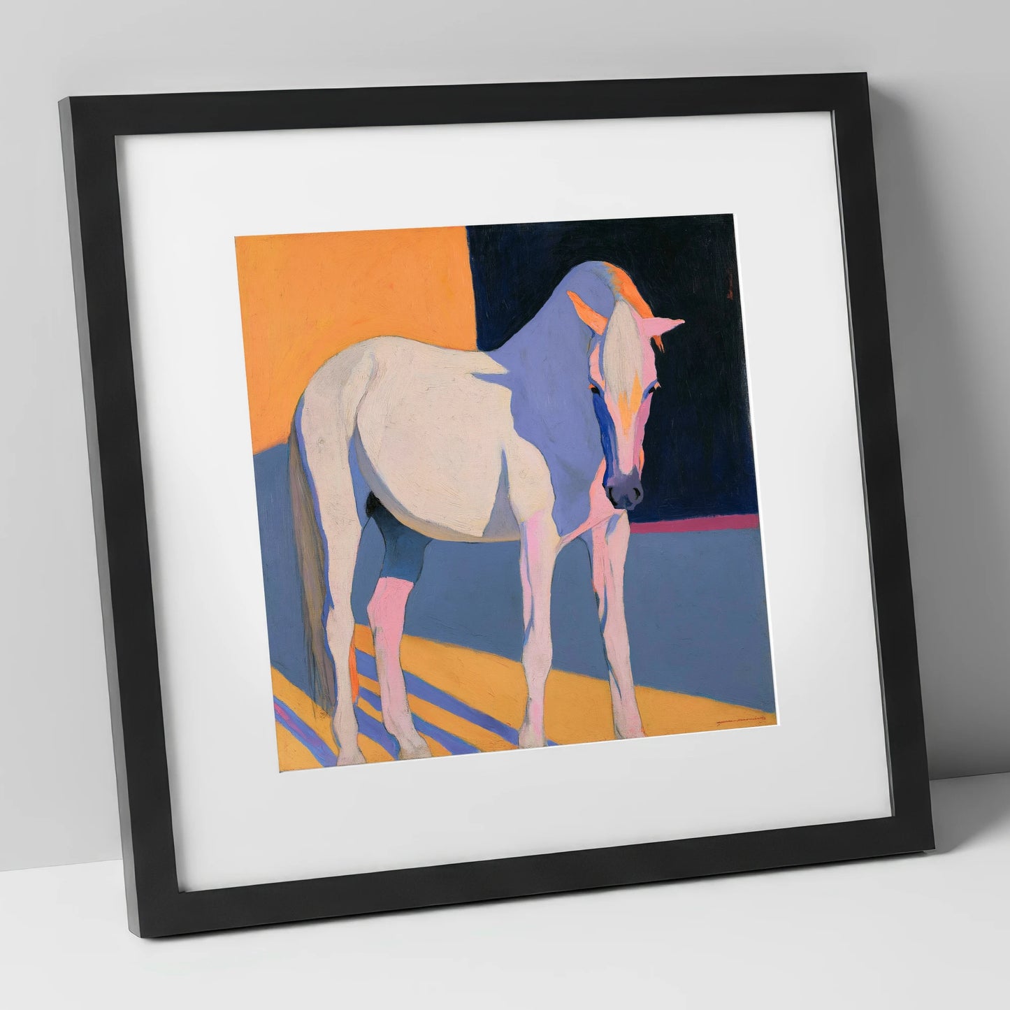 Vibrant Colour Block Grey Horse horse breed art print in black frame