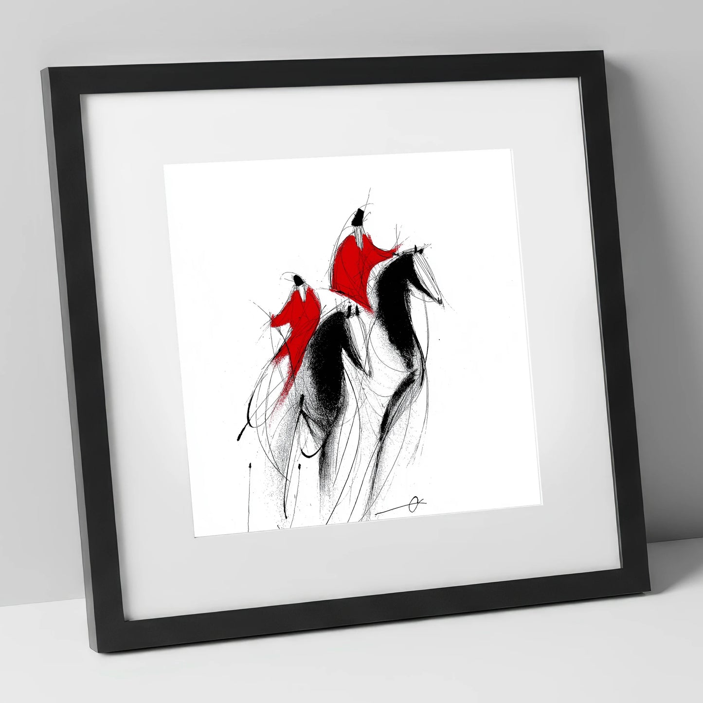 Scarlet Pursuit show jumping horse art print in black frame