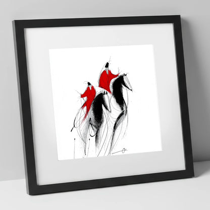 Scarlet Pursuit show jumping horse art print in black frame