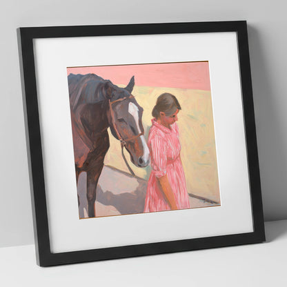 Walking in Step horse & rider art print in black frame
