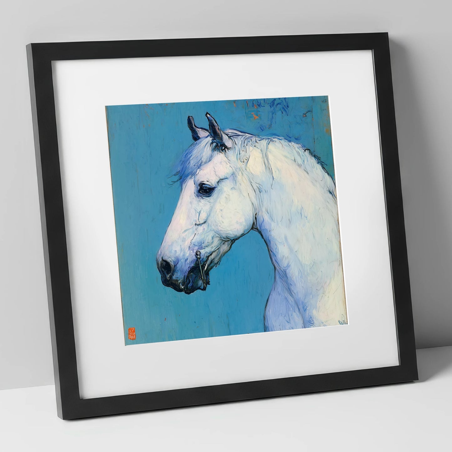Cerulean Grey Profile horse portrait art print in black frame