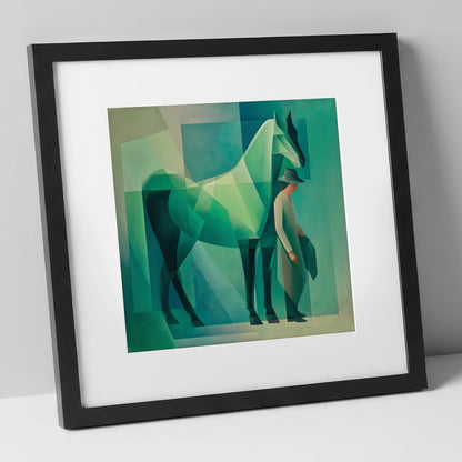 Emerald Geometry horse & rider art print in black frame