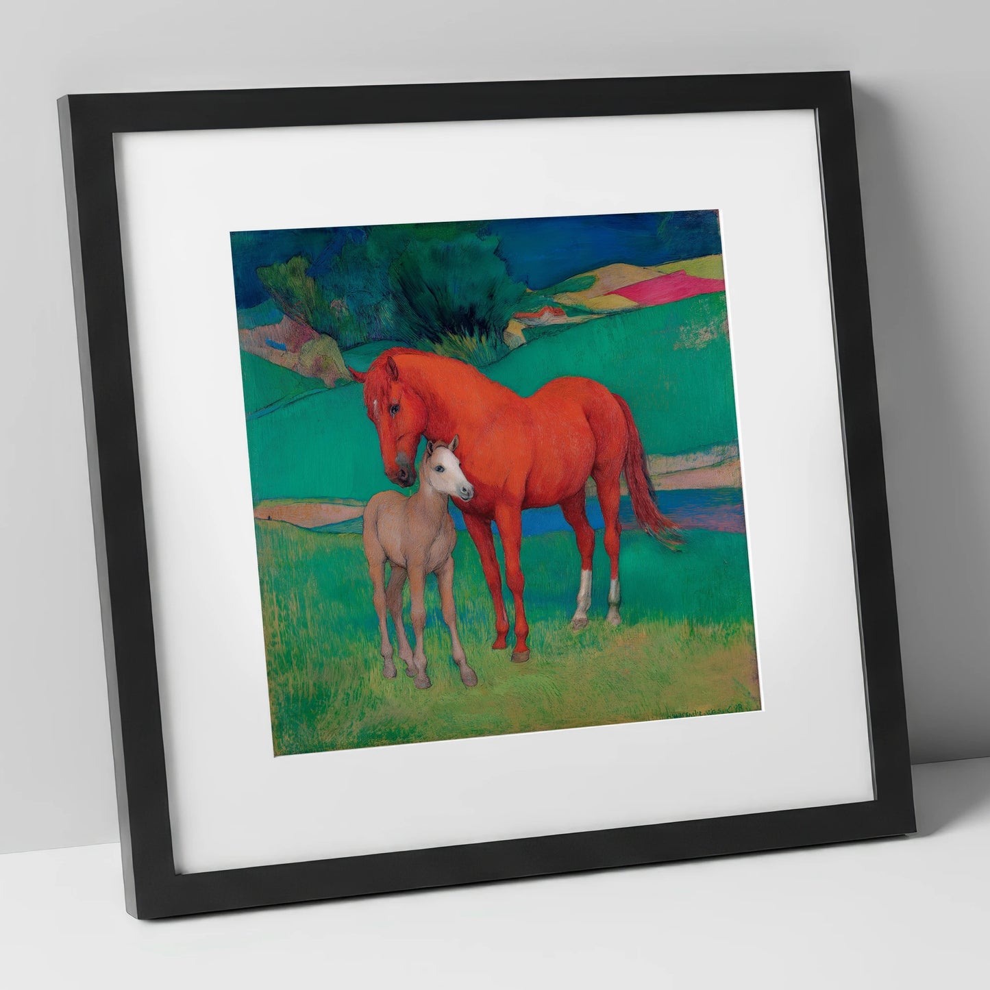 Vibrant Maternal Bond mare & foal art print in black frame