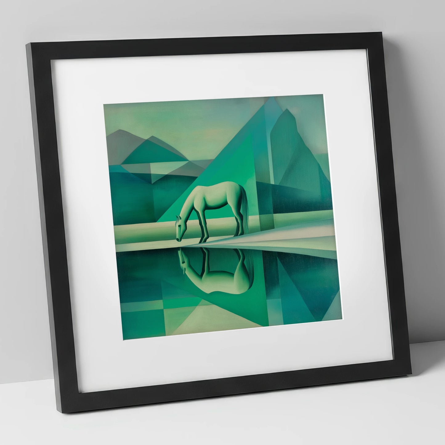 Emerald Geometric Serenity horse landscape art print in black frame