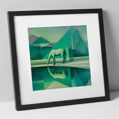 Emerald Geometric Serenity horse landscape art print in black frame