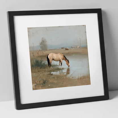 Buckskin by the Shallows horse landscape art print in black frame