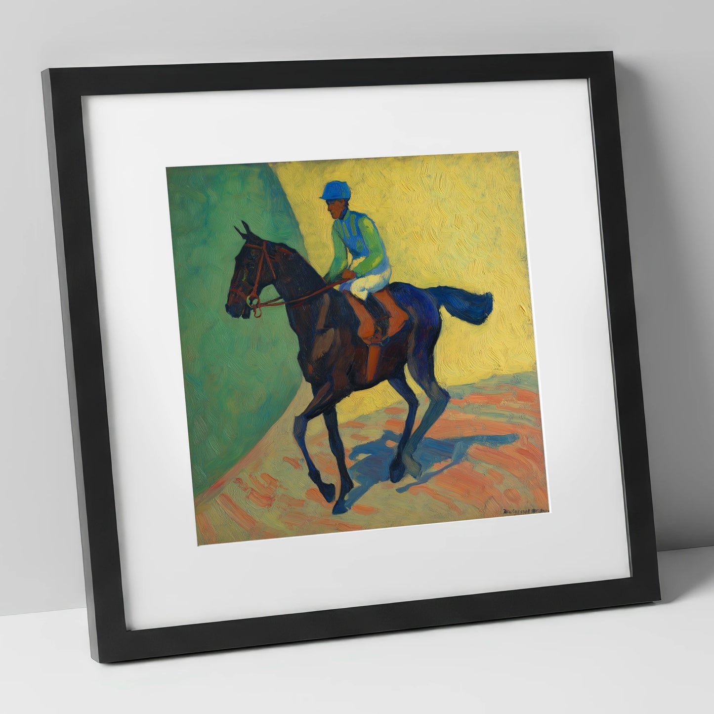 Vibrant Walk to Post racing horse art print in black frame